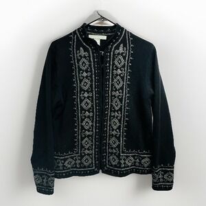 Marconi Sz L VTG Folk Embroidered Cardigan Jacket Sweater Lambswool Black Gray